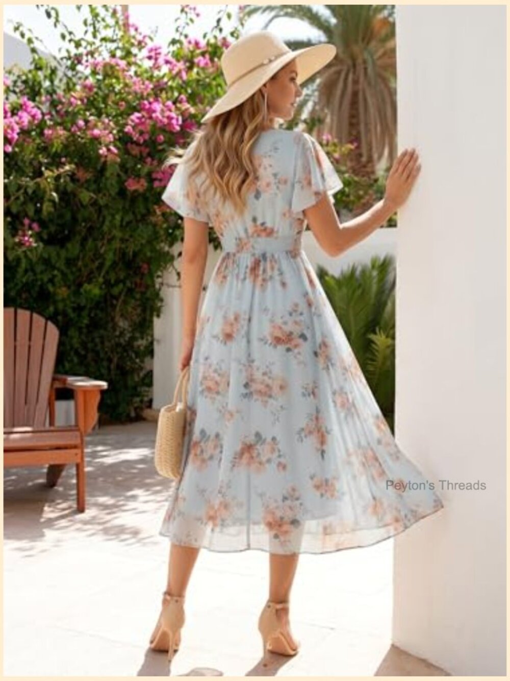 Floral Chiffon Midi A-Line V-Neck Smocked Bodice Short Ruffle Sleeve - Picture 3 of 5